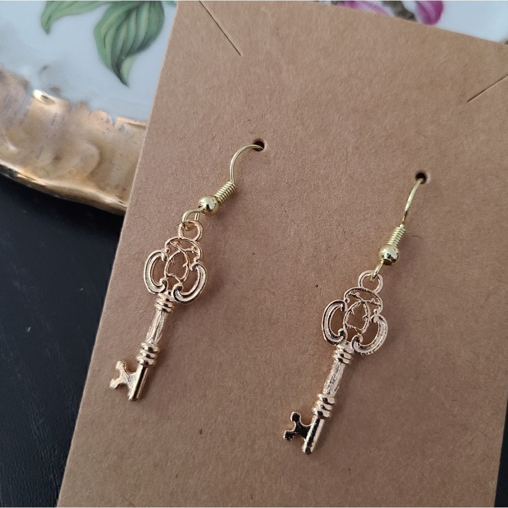 New Handcrafted Antique Key Dangle Earrings on 14K Gold Plated Hooks